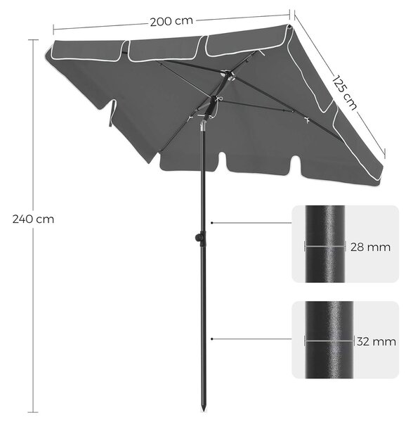 Dönthető napernyő 2x1,25 m, téglalap alakú napernyő táskával, szürke