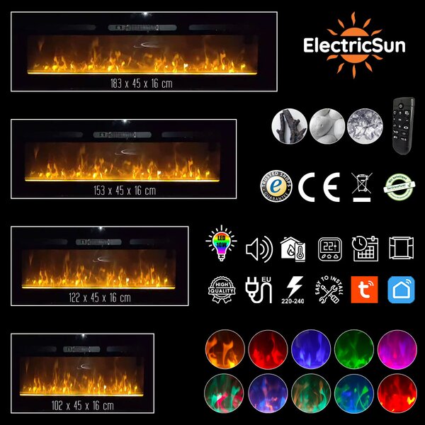 Elektromos kandalló, PAULA fekete, ElectricSun, nagy üveg, falra szerelhető, szabadon álló vagy beépíthető kivitelezéssel, hanghatással, 10 szín, tele
