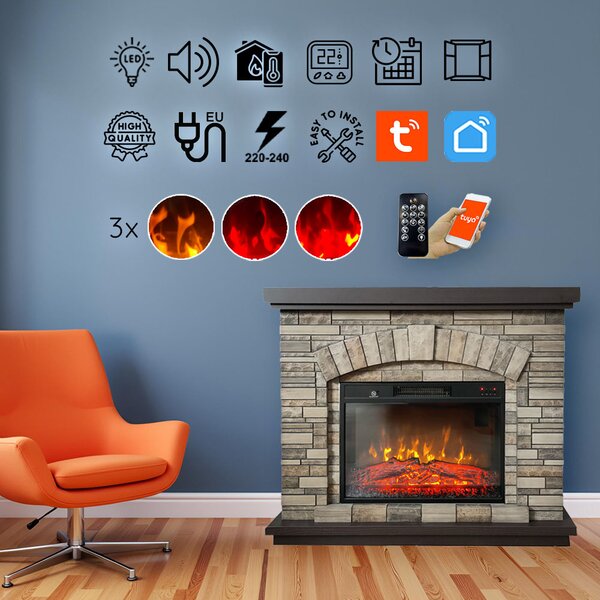 Elektromos kandalló, AMBAR Stone, ElectricSun, hanghatással, 3 szín, telefonos alkalmazással, SZ107xM90cm