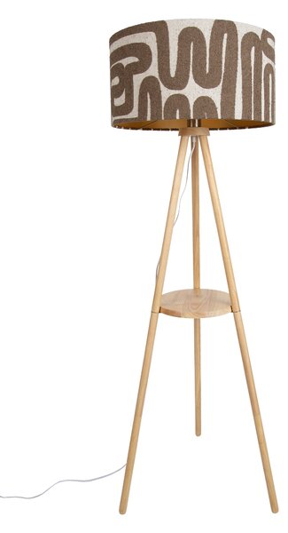 Háromlábú fa állólámpa csíkos bézs és barna színű 50 cm-es lámpabúrával - Lou