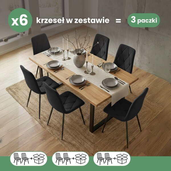 AKORD MILO kárpitozott étkezőszék welur fekete rombusz steppelt mintával fekete lábakkal 6 db-os szett