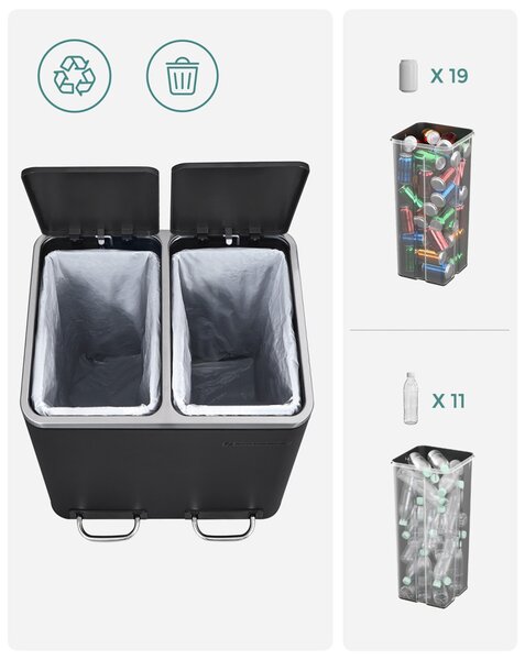 Konyhai szelektív szemetes kuka, 2 x 15L, pedálos, acél, tinta fekete