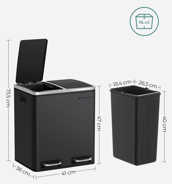 Konyhai szelektív szemetes kuka, 2 x 15L, pedálos, acél, tinta fekete