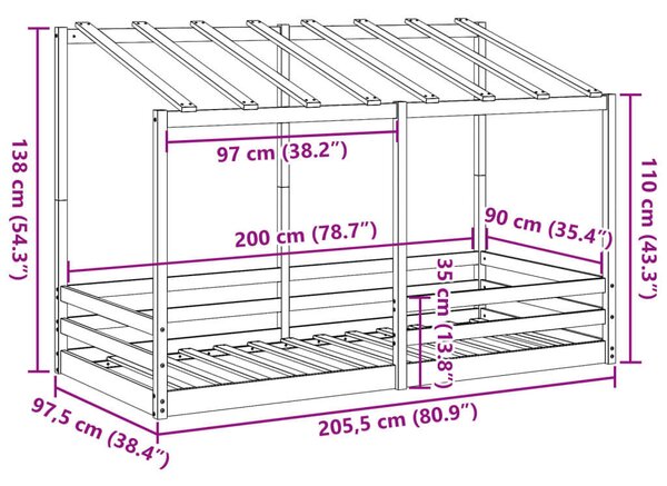 VidaXL tömör fenyőfa gyerekágy tetővel 90 x 200 cm