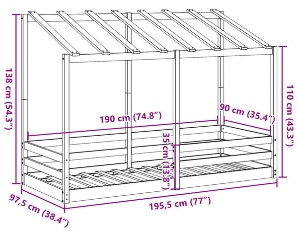 VidaXL tömör fenyőfa gyerekágy tetővel 90 x 190 cm