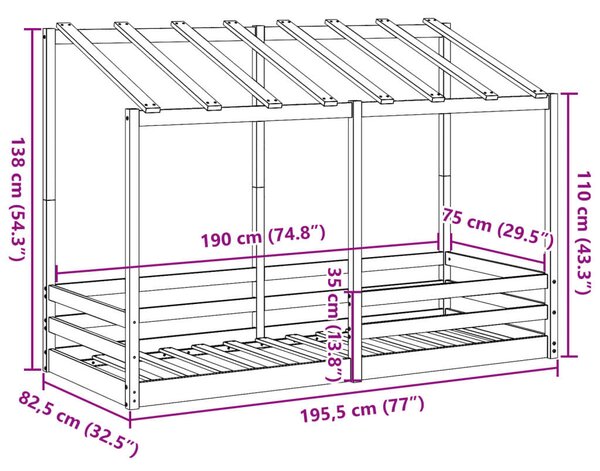 VidaXL viaszbarna tömör fenyőfa gyerekágy tetővel 75 x 190 cm