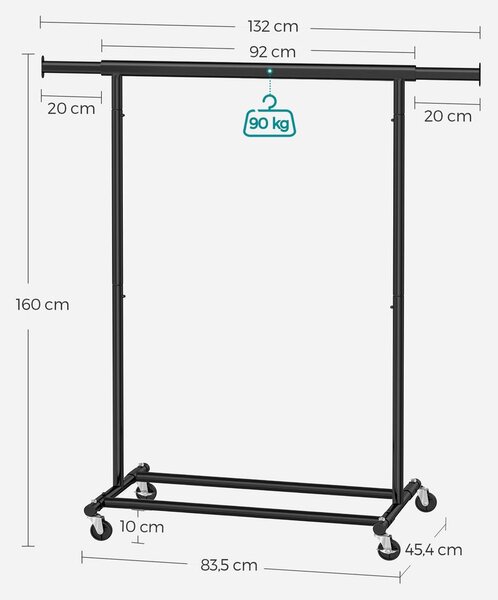 INEZ ruhatartó állvány kerekekkel, max. 90kg, 83,5x45x160cm, fekete SongmicsHome