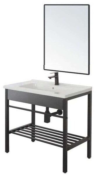 Fürdőszobabútor szett Feridras Black, 60cm mosdóval, csapteleppel, mosdótartóval és tükörrel