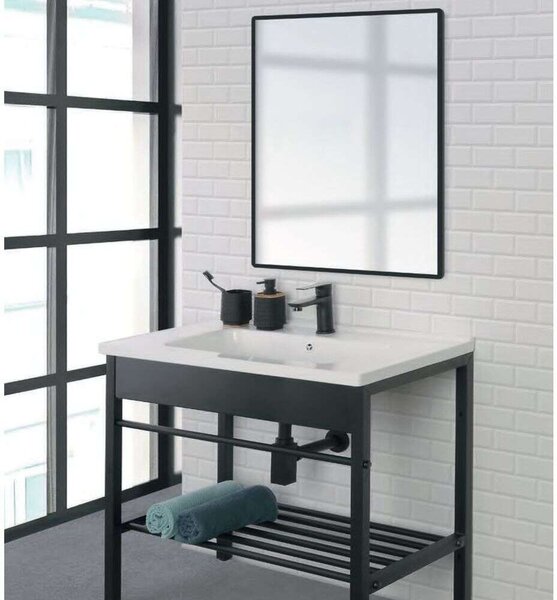 Fürdőszobabútor szett Feridras Black, 60cm mosdóval, csapteleppel, mosdótartóval és tükörrel