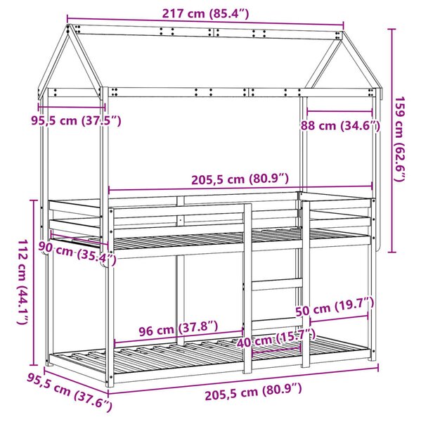 VidaXL tömör fenyőfa emeletes ágy matrac nélkül 90 x 200 cm