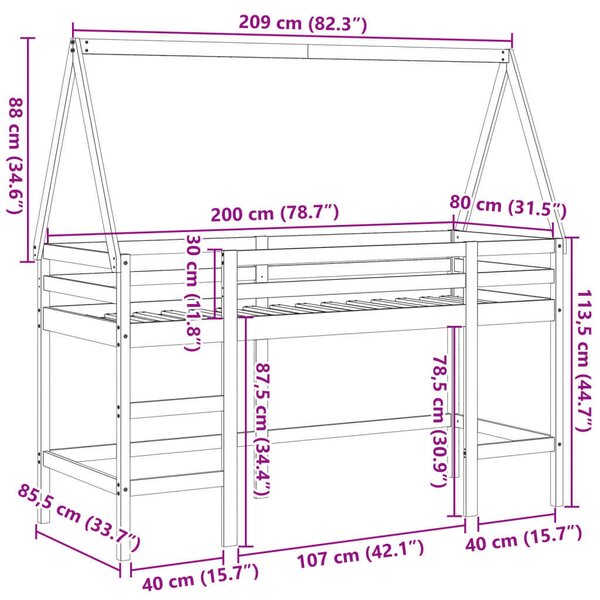 VidaXL tömör fenyőfa galériaágy létrával és tetővel 80 x 200 cm