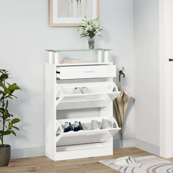 VidaXL magasfényű fehér szerelt fa cipőszekrény 63x24x104 cm