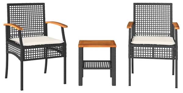 3 részes fekete polyrattan és akácfa bisztrószett párnákkal