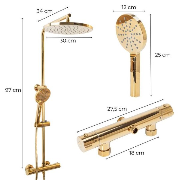 Erga Dubai, termosztátos zuhanyoszlop szett 30 cm-es esőztető zuhannyal és zuhanyfejjel, fényes arany, ERG-YKA-BP.DUBAJ-THERM-30-GLD