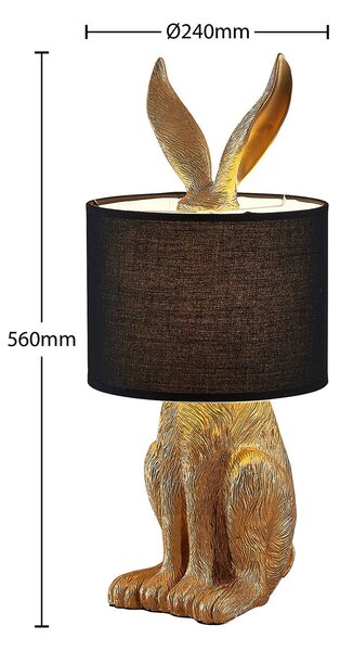 Lindby asztali lámpa Lorentina, magasság 57 cm, nyúl, arany, textil, Fekete, Nappali / Étkező, Textil / szövet / selyem, Dizájn