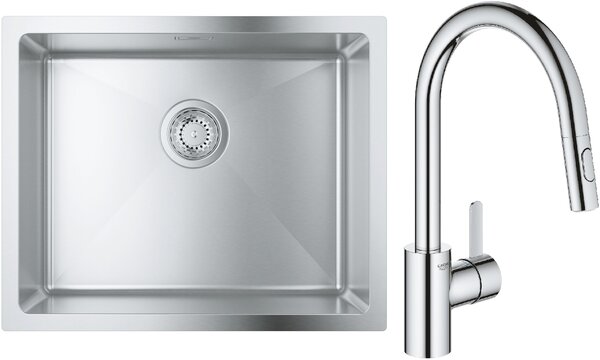 Készlet acél mosogató Grohe K700 31574SD1, konyhai csaptelep Grohe Eurosmart Cosmopolitan 31481001