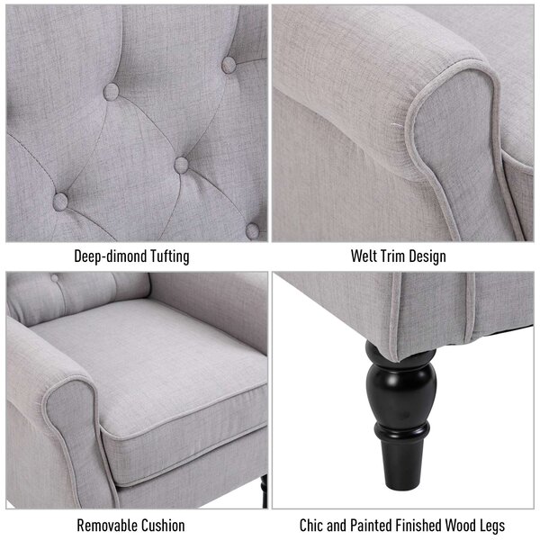 Chesterfield karosszék, 76x86x108 cm, textil - hab - fa, szürke