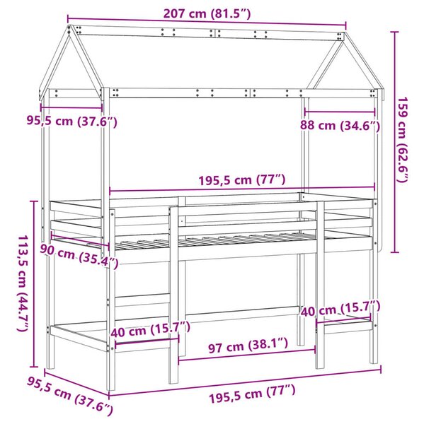 VidaXL tömör fenyőfa galériaágy létrával és tetővel 90 x 190 cm