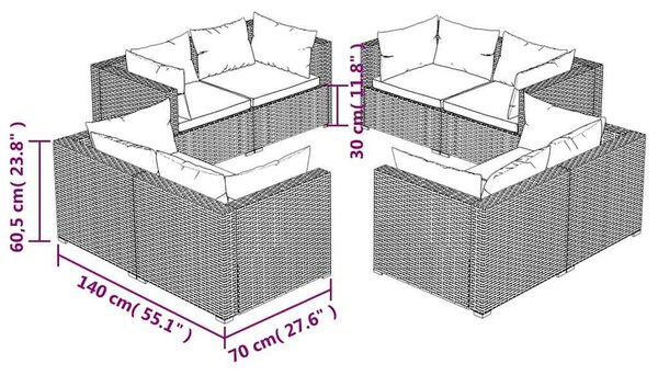 8 részes fekete polyrattan kerti ülőgarnitúra párnákkal