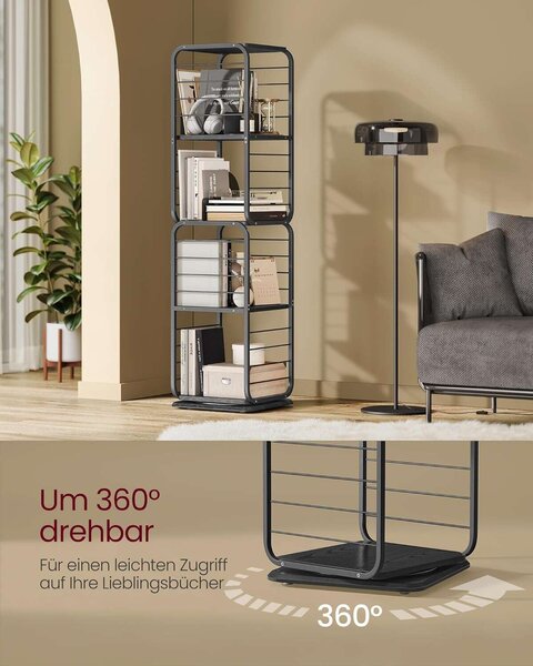 VASAGLE 360 fokban forgatható könyvespolc, fémkeret, 5 MDF polccal, 43x43x158cm, fekete