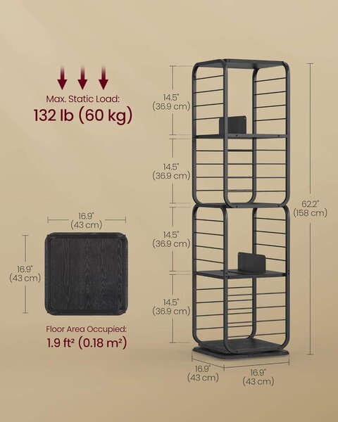 VASAGLE 360 fokban forgatható könyvespolc, fémkeret, 5 MDF polccal, 43x43x158cm, fekete