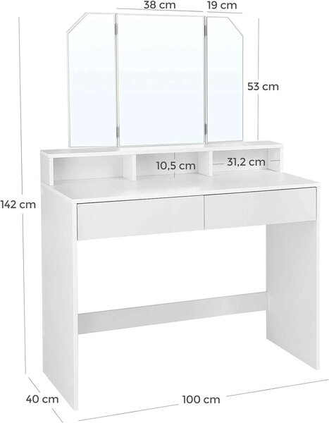 VASAGLE Sminkasztal - Fehér - 100x40x142cm