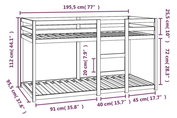 VidaXL tömör fenyőfa emeletes ágy 90x190 cm