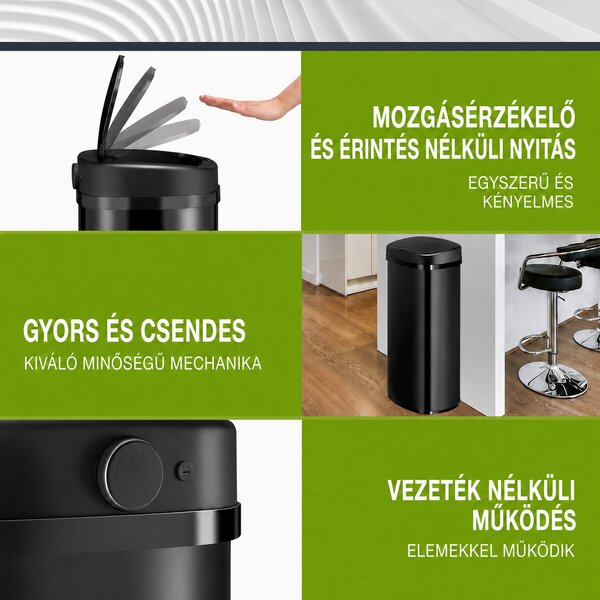 Juskys Érintés nélküli szögletes szemetes 70 L - fekete