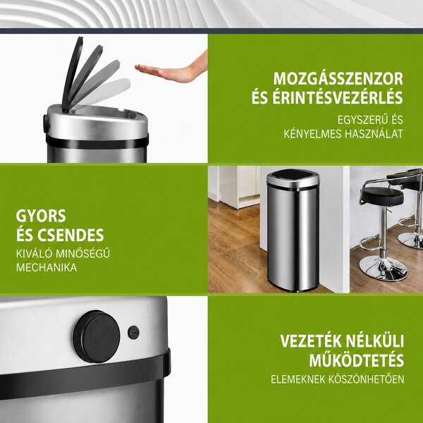 Juskys Érintésmentes szögletes szemetes 70 L - ezüst