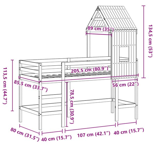 VidaXL tömör fenyőfa galériaágy létrával és tetővel 80 x 200 cm