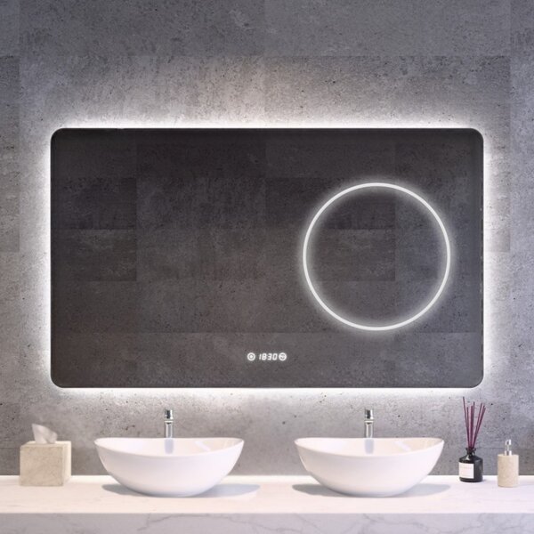 Fürdőszobai LED tükör 120x75cm | Páramentesítő - Óra - Fényerő + színhőfok állítás | Welland Texol