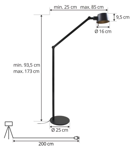 Lucande állólámpa Silka, magasság 173 cm, fekete, fém, Fekete, Dolgozószoba / Iroda, fém, Modern