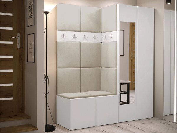 Előszoba garnitúra Pinis X, 186x158x46cm, Tükör, Fehér, Laminált forgácslap, Kárpit
