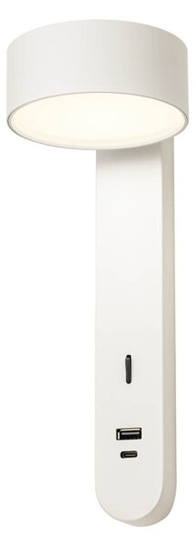 Sades fali LED-lámpa – matt fehér, 3000K természetes fény, USB A + C csatlakozóval