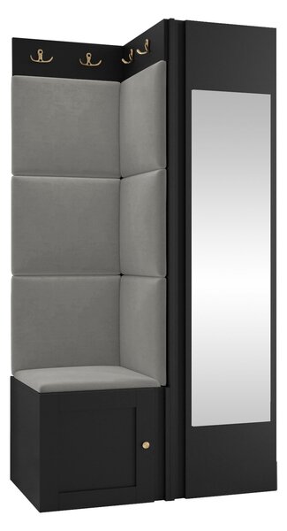 Előszoba garnitúra Hartford 382, 186x82x46cm, Tükör, Szürke, Fekete, Laminált forgácslap, Kárpit, Közepes sűrűségű farostlemez