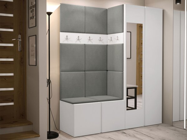 Előszoba garnitúra Pinis X, 186x158x46cm, Tükör, Fehér, Laminált forgácslap, Kárpit