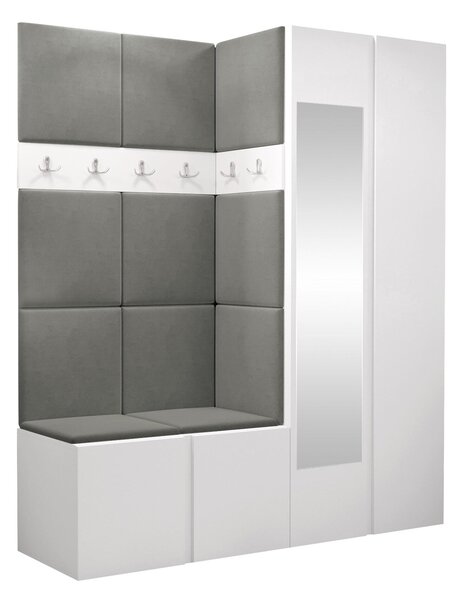 Előszoba garnitúra Pinis X, 186x158x46cm, Tükör, Fehér, Laminált forgácslap, Kárpit