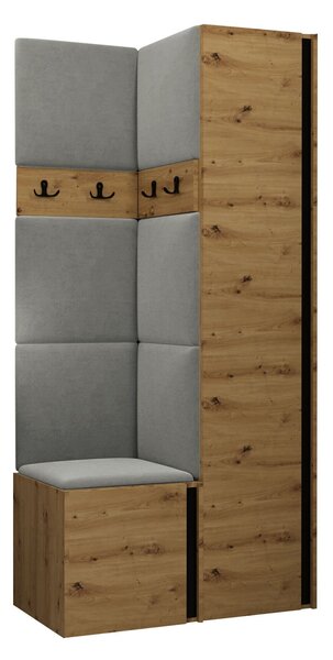 Előszoba garnitúra Pinis XXIV, 186x82x46cm, Artisan tölgy, Fekete, Kárpit, Laminált forgácslap