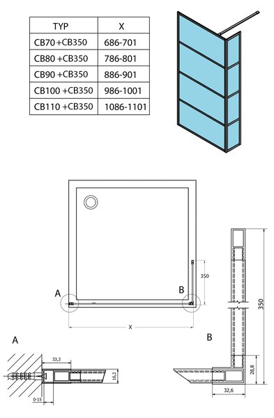 Gelco Gelco, CURE BLACK kiegészítő panel 350 mm, átlátszó üveg, CB350