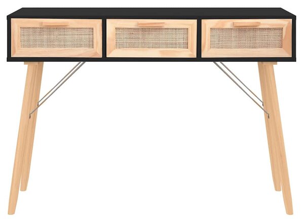 Fekete tömör fenyő és természetes rattan kisasztal 105x30x75 cm