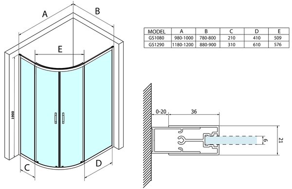 Gelco Gelco, SIGMA SIMPLY négyzet alakú zuhanyparaván 1000x800mm, R550, L/R, átlátszó üveg, GS1080