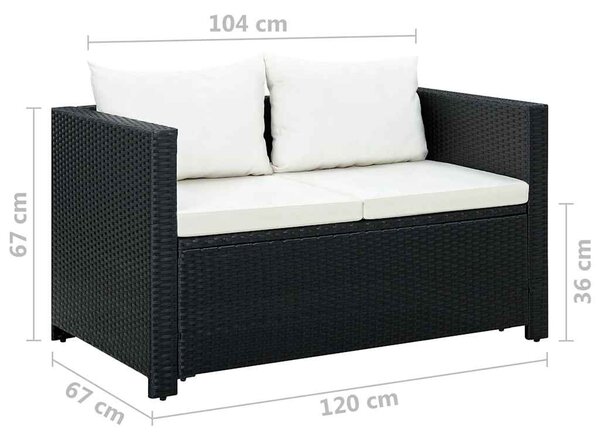 3-részes fekete polyrattan kerti bútorszett párnákkal