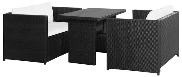 3-részes fekete polyrattan kerti bútorszett párnákkal