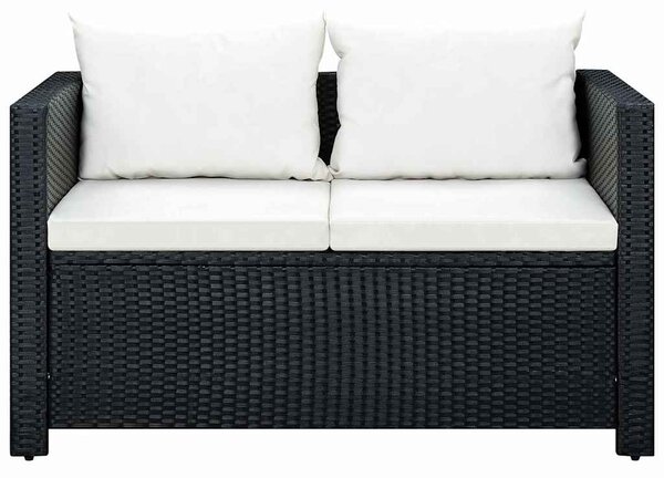 3-részes fekete polyrattan kerti bútorszett párnákkal