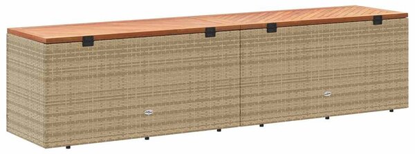 Bézs polyrattan és akácfa kerti tárolóláda 220 x 50 x 54 cm