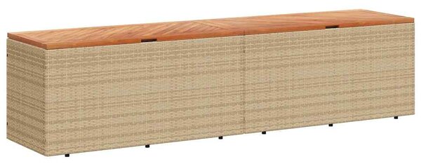 Bézs polyrattan és akácfa kerti tárolóláda 220 x 50 x 54 cm