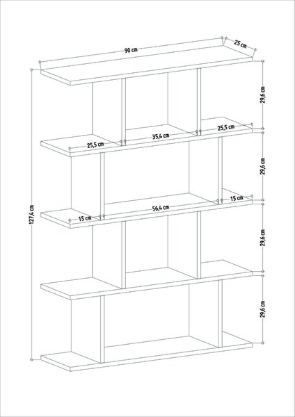 Melamin könyvespolc 90 x 25 x 127 cm