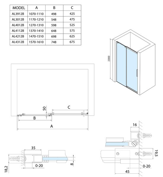 Polysan Polysan, ALTIS LINE BLACK zuhanyajtó 1070-1110mm, magasság 2000mm, üveg 8mm, AL3912B