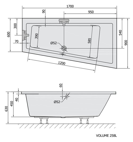 Polysan Polysan, ANDRA R aszimmetrikus kád 170x90x45cm, fehér, 81511