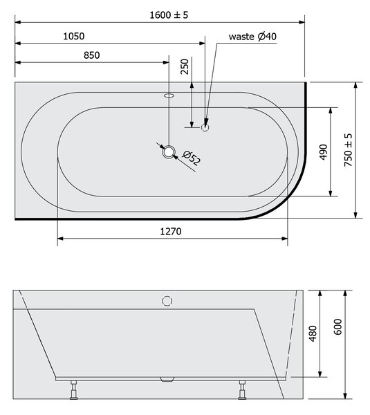 Polysan Polysan, ASTRA L MONOLITH aszimmetrikus kád 160x75x60cm, fehér, 33611M